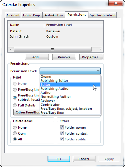 Outlook Properties-Permission